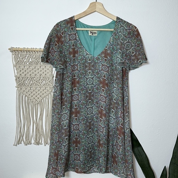 Show Me Your Mumu Kylie A-line Teal Mini Dress Kaleidoscope Flutter Sleeve Sz.S - Picture 2 of 8